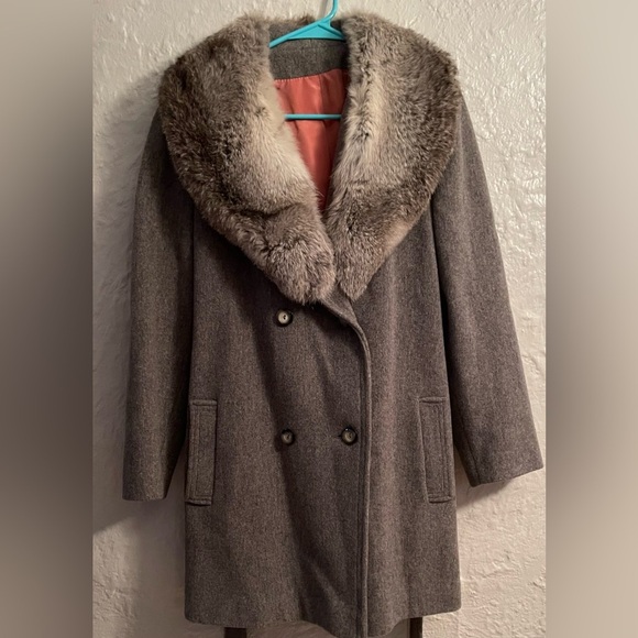 Vintage 1970s Sears Wool Peacoat Rabbit Fur Trim Collar Women's Gray/Tan;size L - Picture 1 of 10
